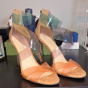 Jessica Simpson Transparent Heels with Orange and Green Accents